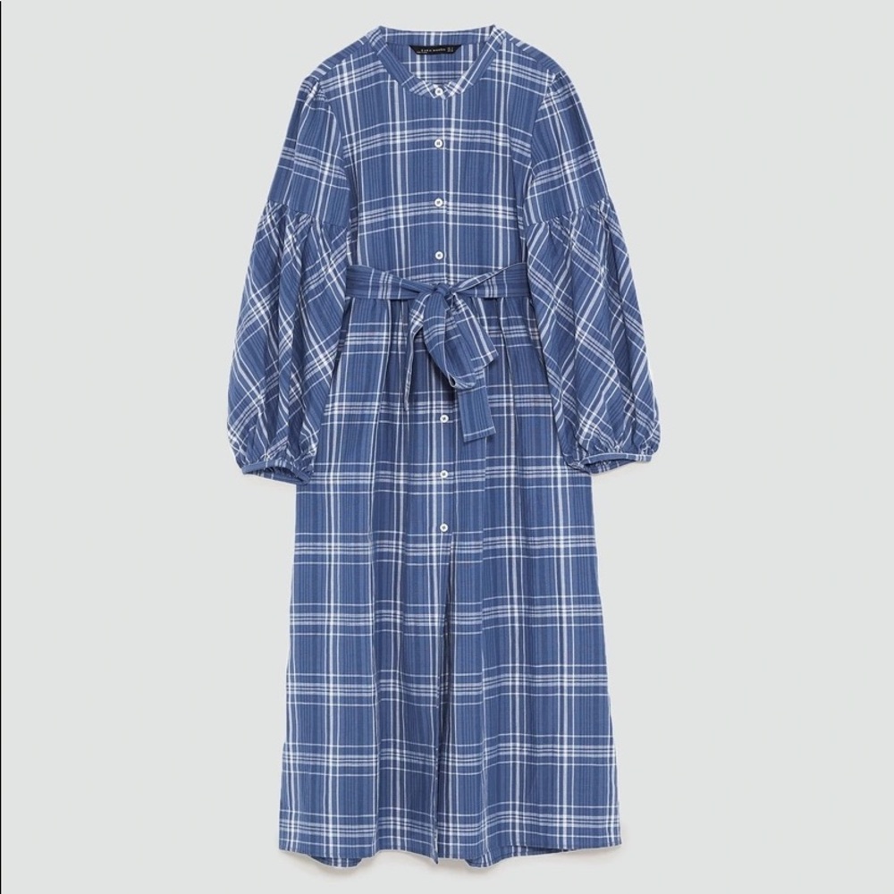 Zara NWOT Linen Cotton Tartan Midi Dress